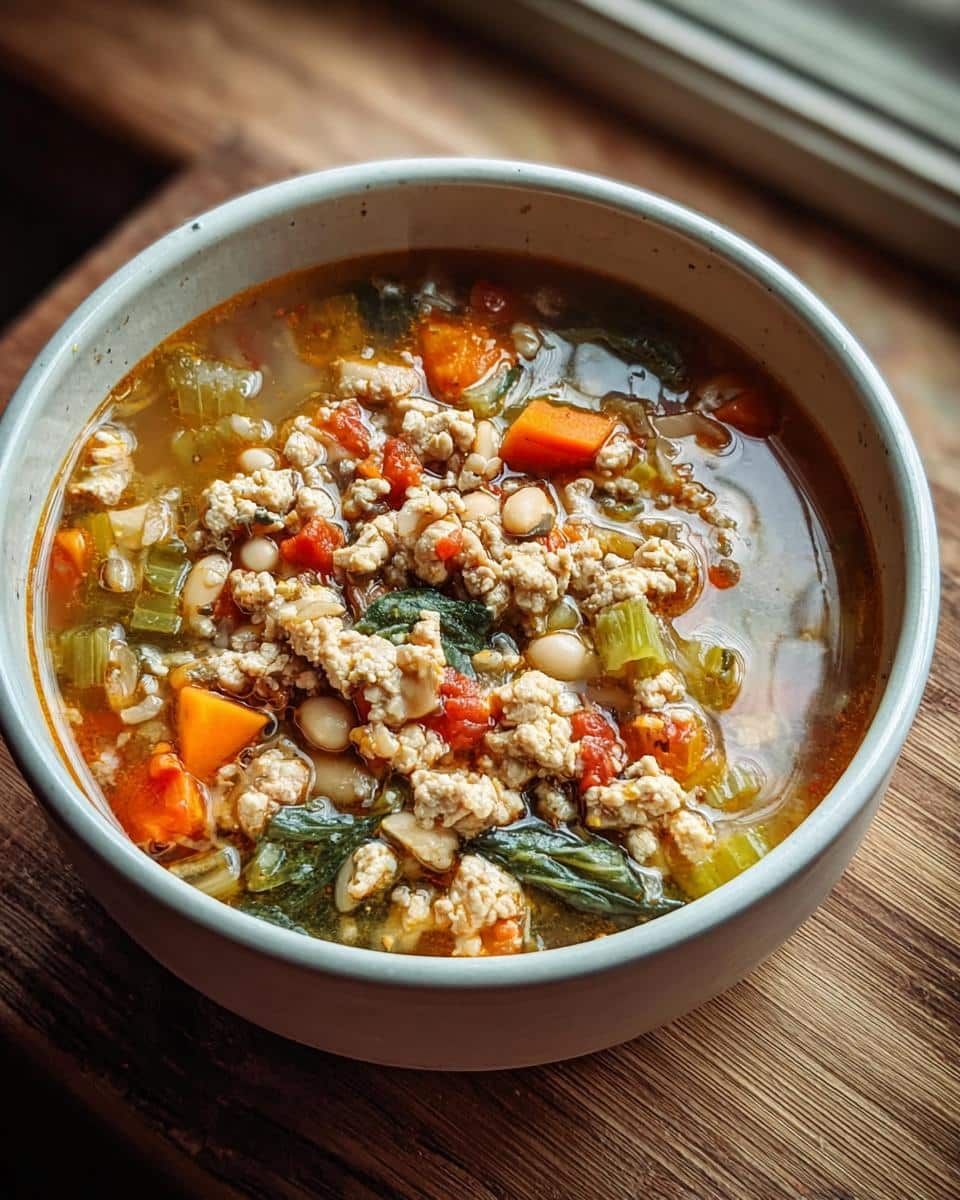 Close-up of a bowl filled with Turkey Vegetable Protein Soup, featuring ground turkey, carrots, celery, beans, and greens.