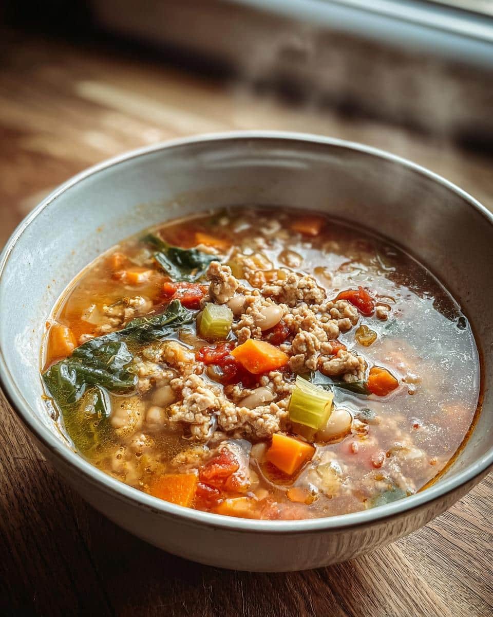 Close-up of a steaming bowl of Turkey Vegetable Protein Soup with ground turkey, carrots, celery, beans, and greens.
