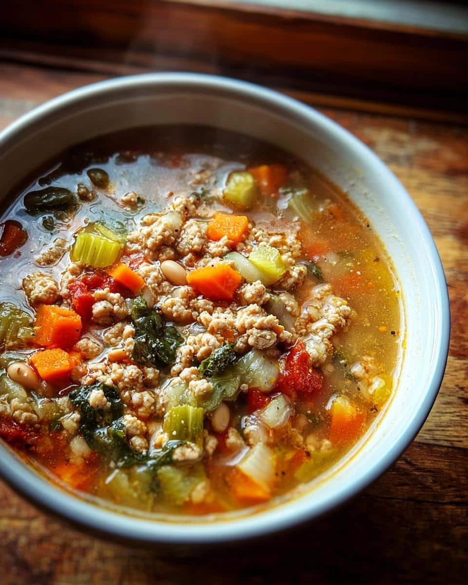 Close-up of a steaming bowl of Turkey Vegetable Protein Soup with ground turkey, carrots, celery, and greens.