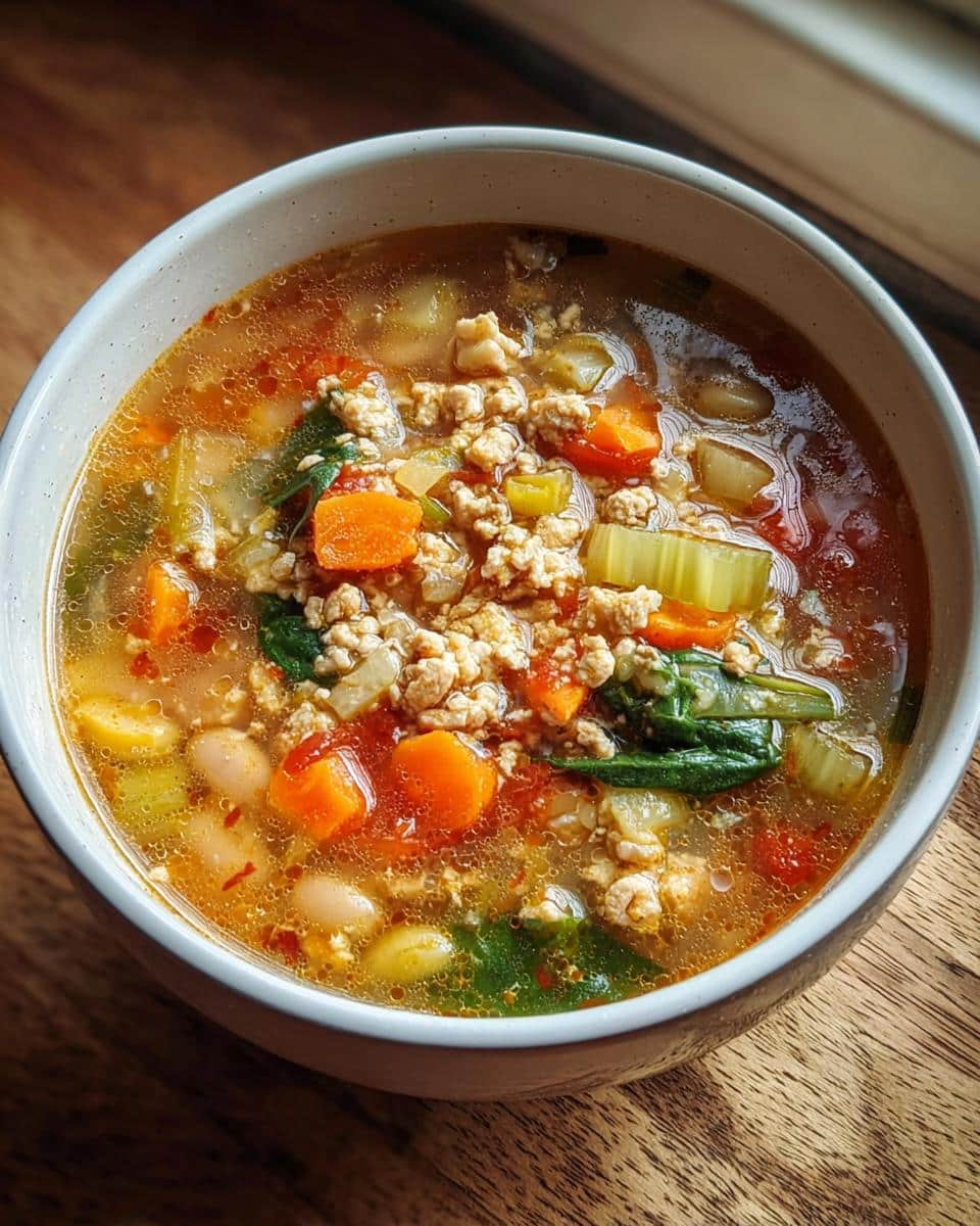Close-up of a bowl of Turkey Vegetable Protein Soup with ground turkey, carrots, celery, spinach, and white beans.