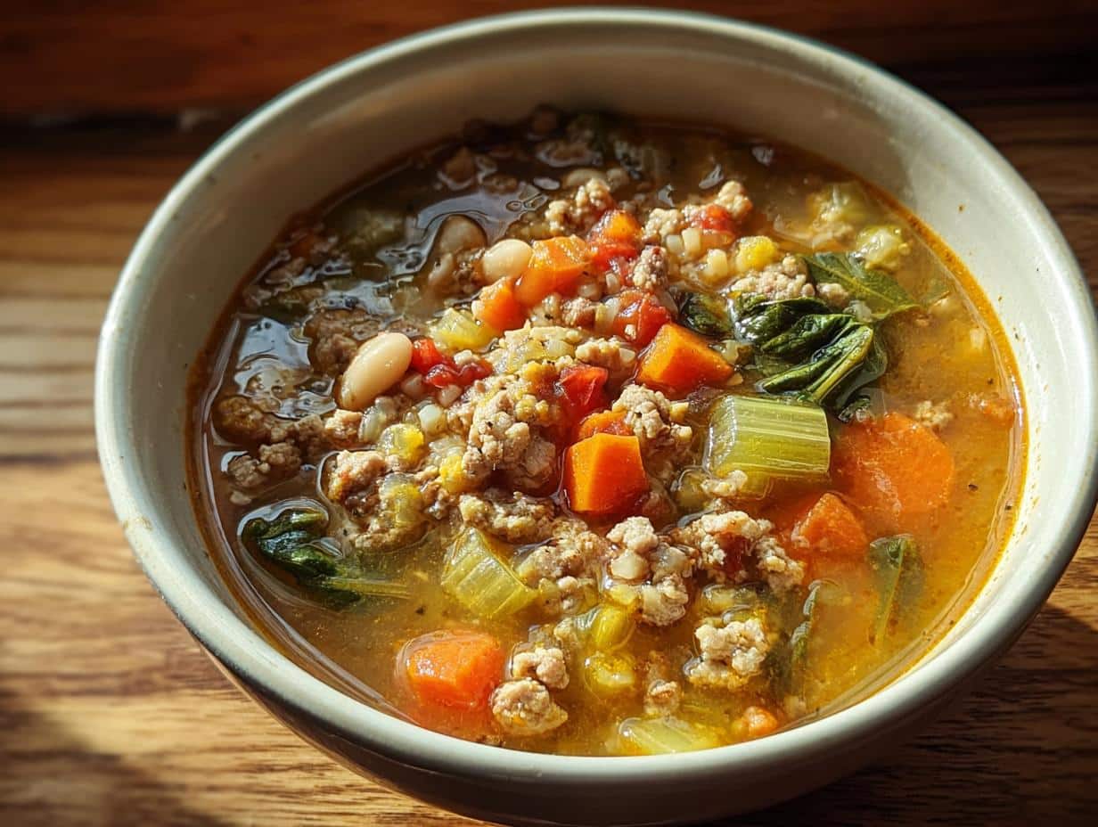 A close-up of a bowl filled with rich Turkey Vegetable Protein Soup, featuring ground turkey, carrots, celery, and beans.