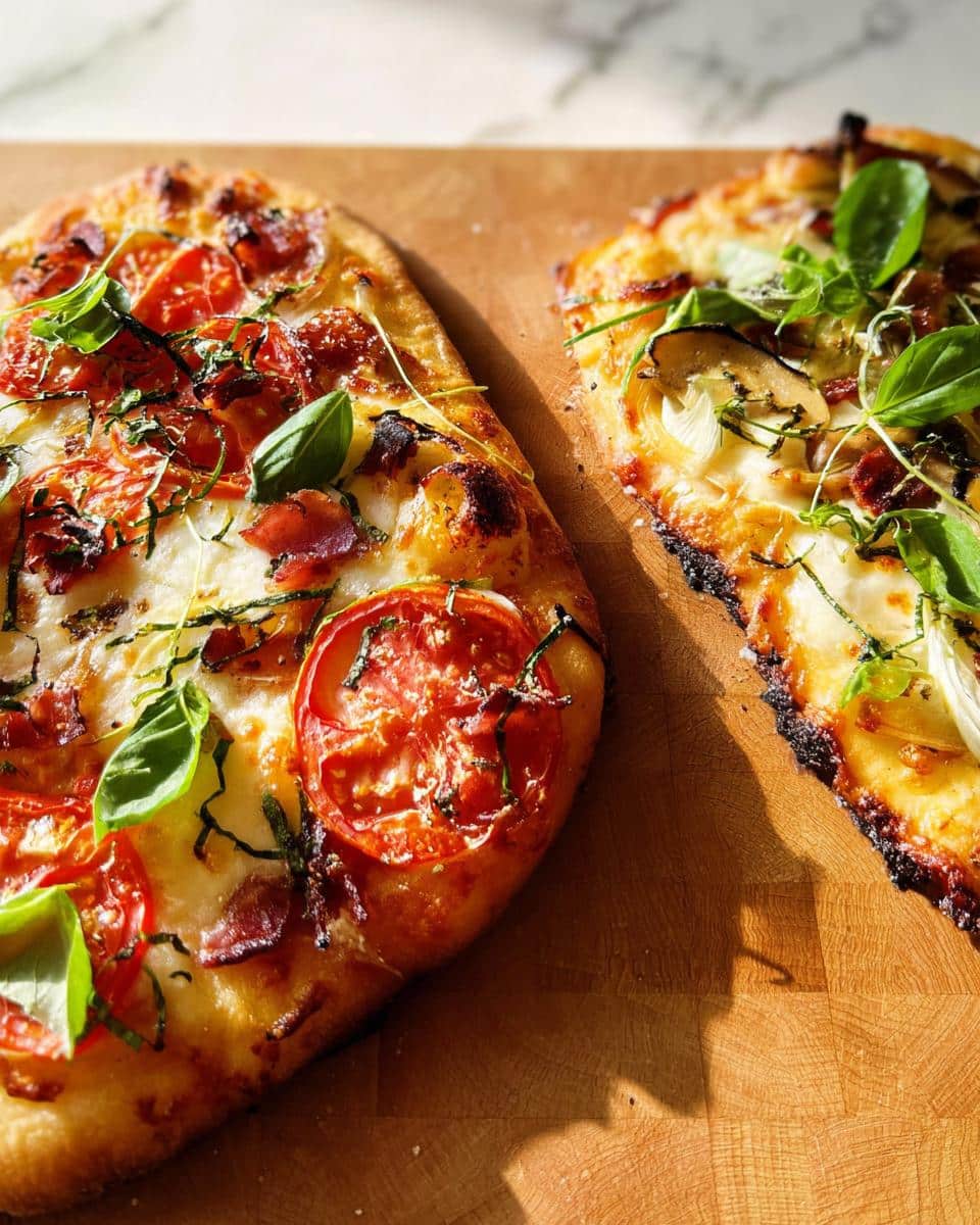 Two freshly baked Flatbread Pizza halves topped with melted cheese, tomato slices, and fresh basil leaves, resting on a wooden cutting board.