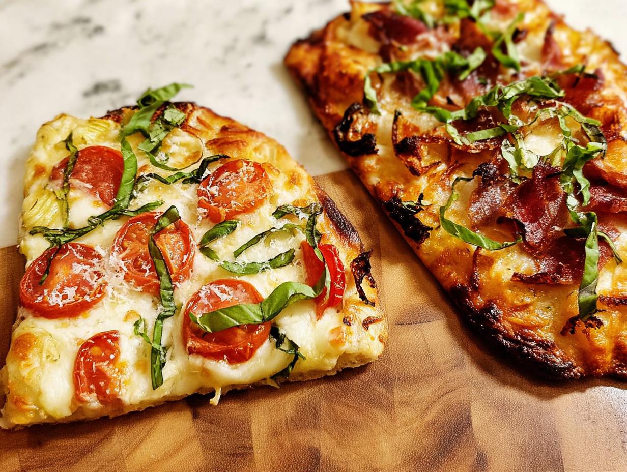 Two slices of freshly baked Flatbread Pizza, one topped with pepperoni and basil, resting on a wooden cutting board.