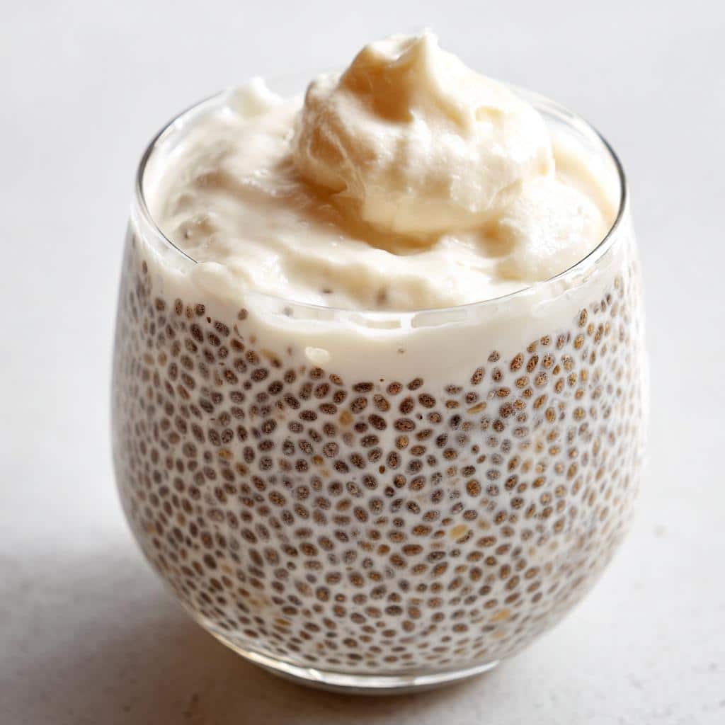 A glass filled with thick Vanilla Keto Chia Pudding topped with a dollop of cream or yogurt.