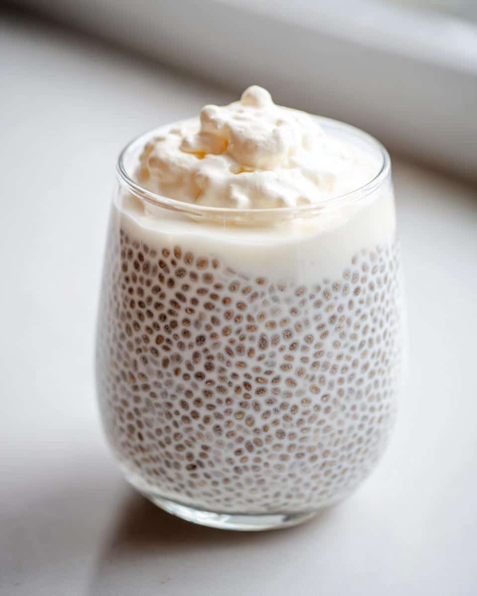 Close-up of Vanilla Keto Chia Pudding in a clear glass, topped with whipped cream.