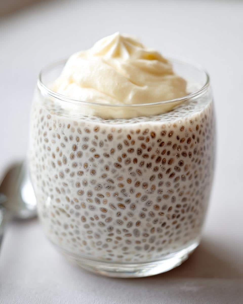 Close-up of Vanilla Keto Chia Pudding in a glass, topped with a swirl of whipped cream or keto frosting.