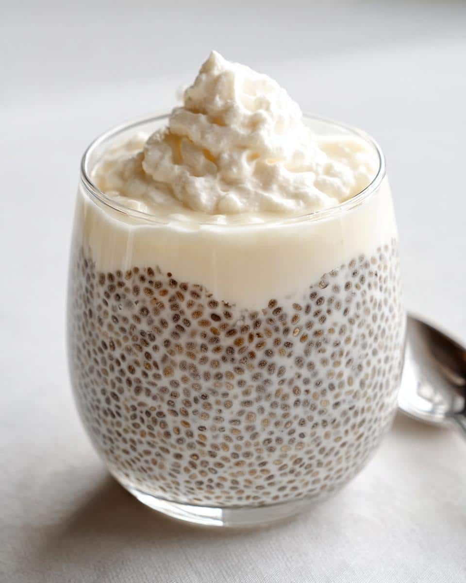 A glass filled with Vanilla Keto Chia Pudding topped with whipped cream or yogurt.