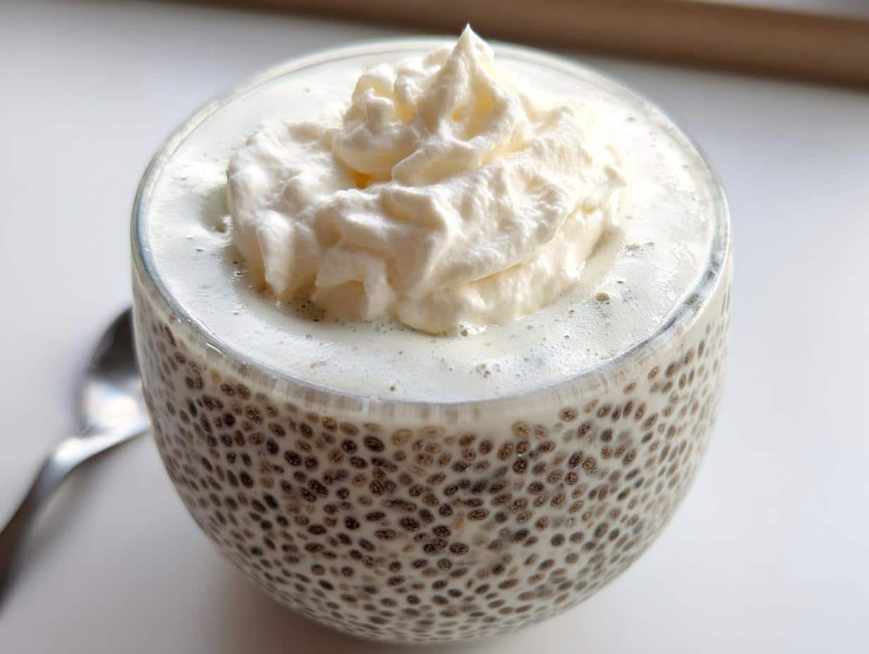 Close-up of Vanilla Keto Chia Pudding in a glass jar topped with a dollop of whipped cream.