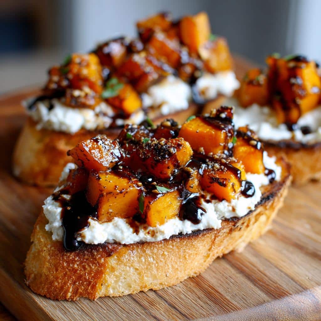 Close-up of three vegan butternut squash crostini bites topped with creamy spread, roasted squash, and balsamic glaze.