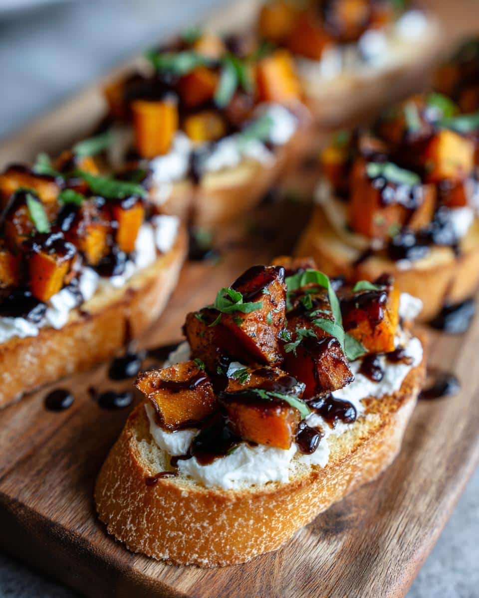 A close-up of a single vegan butternut squash crostini topped with creamy spread, roasted squash, and balsamic glaze.