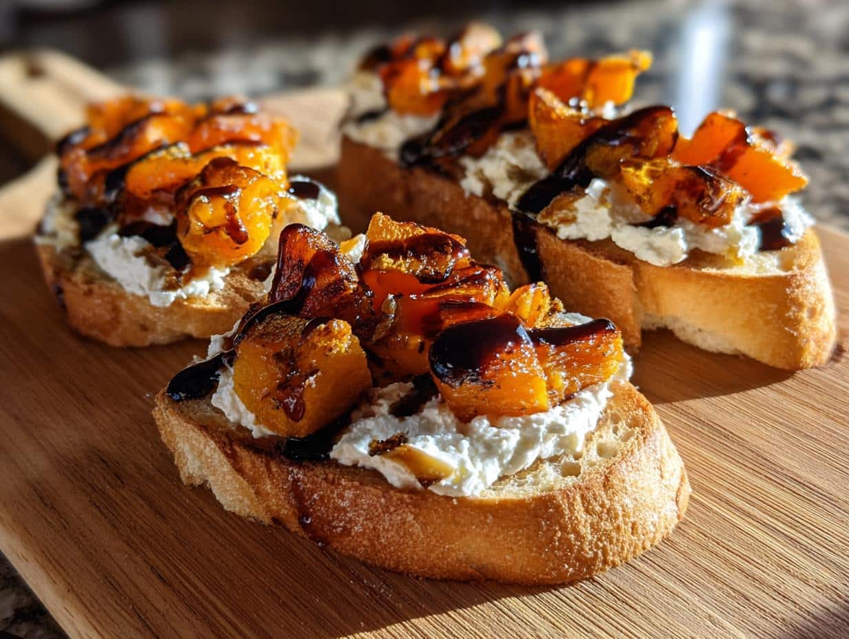 Three slices of vegan butternut squash crostini topped with creamy spread and balsamic glaze on a wooden board.