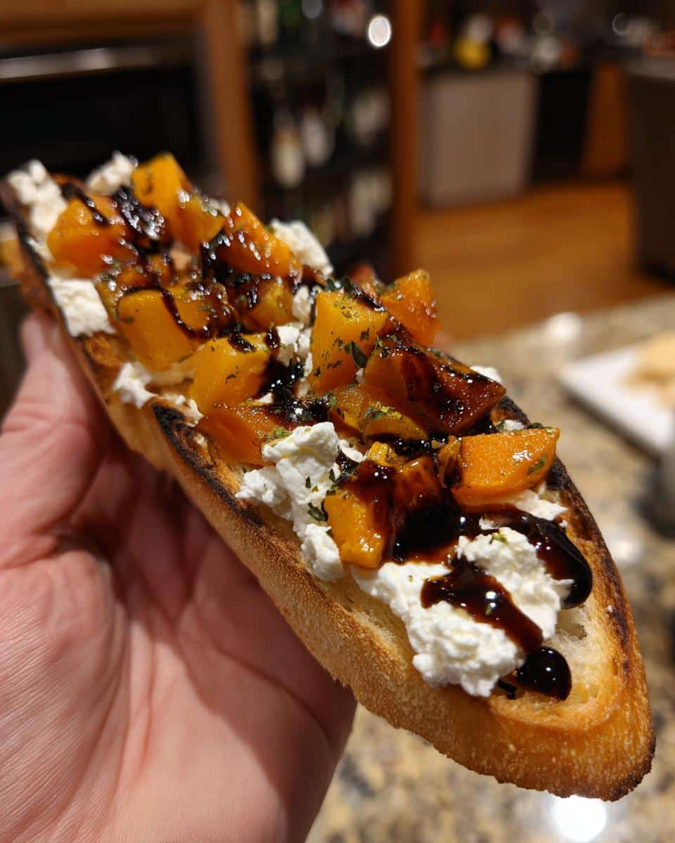 A hand holding a piece of vegan butternut squash crostini topped with creamy cheese and balsamic glaze.