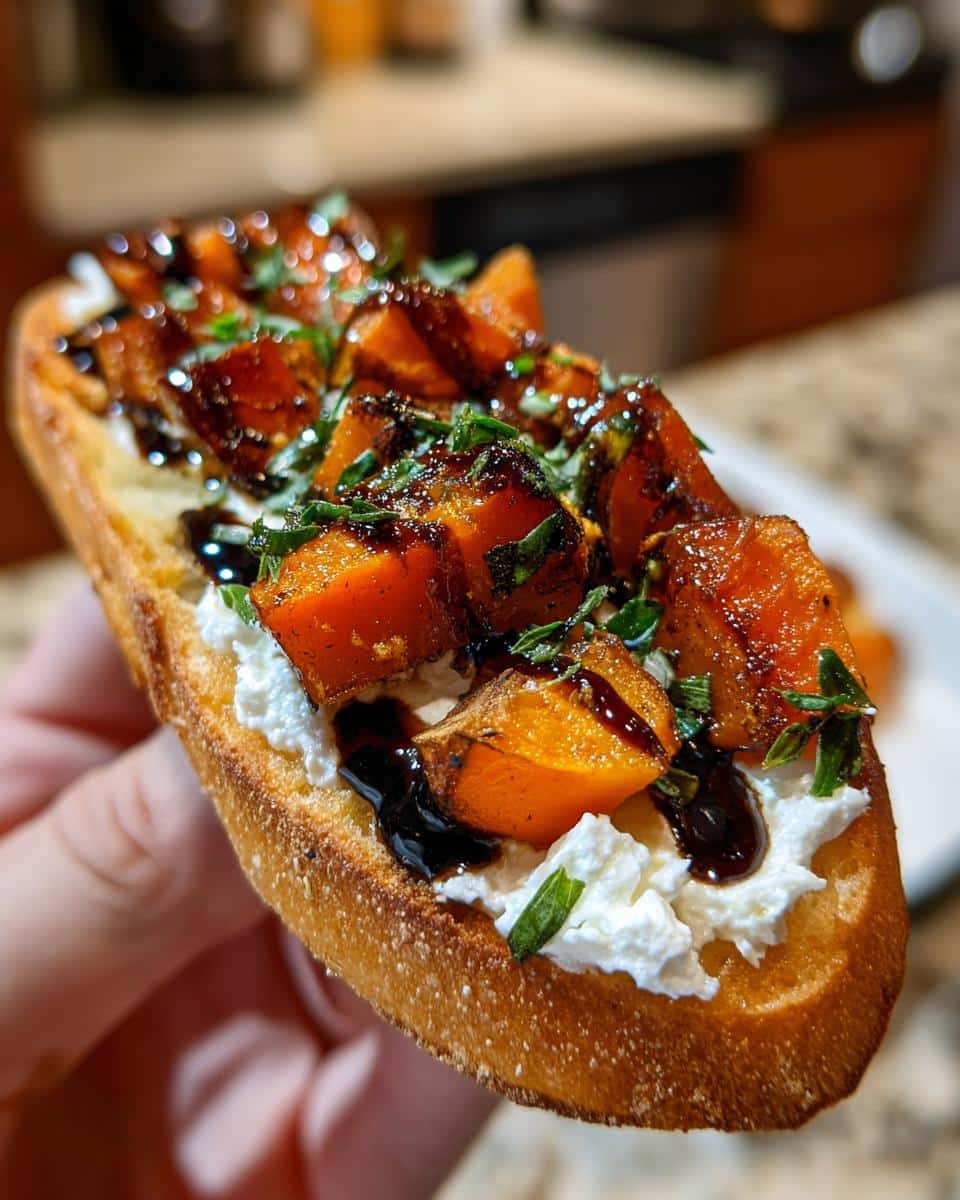 A hand holding a piece of vegan butternut squash crostini topped with creamy spread, roasted squash, and balsamic glaze.