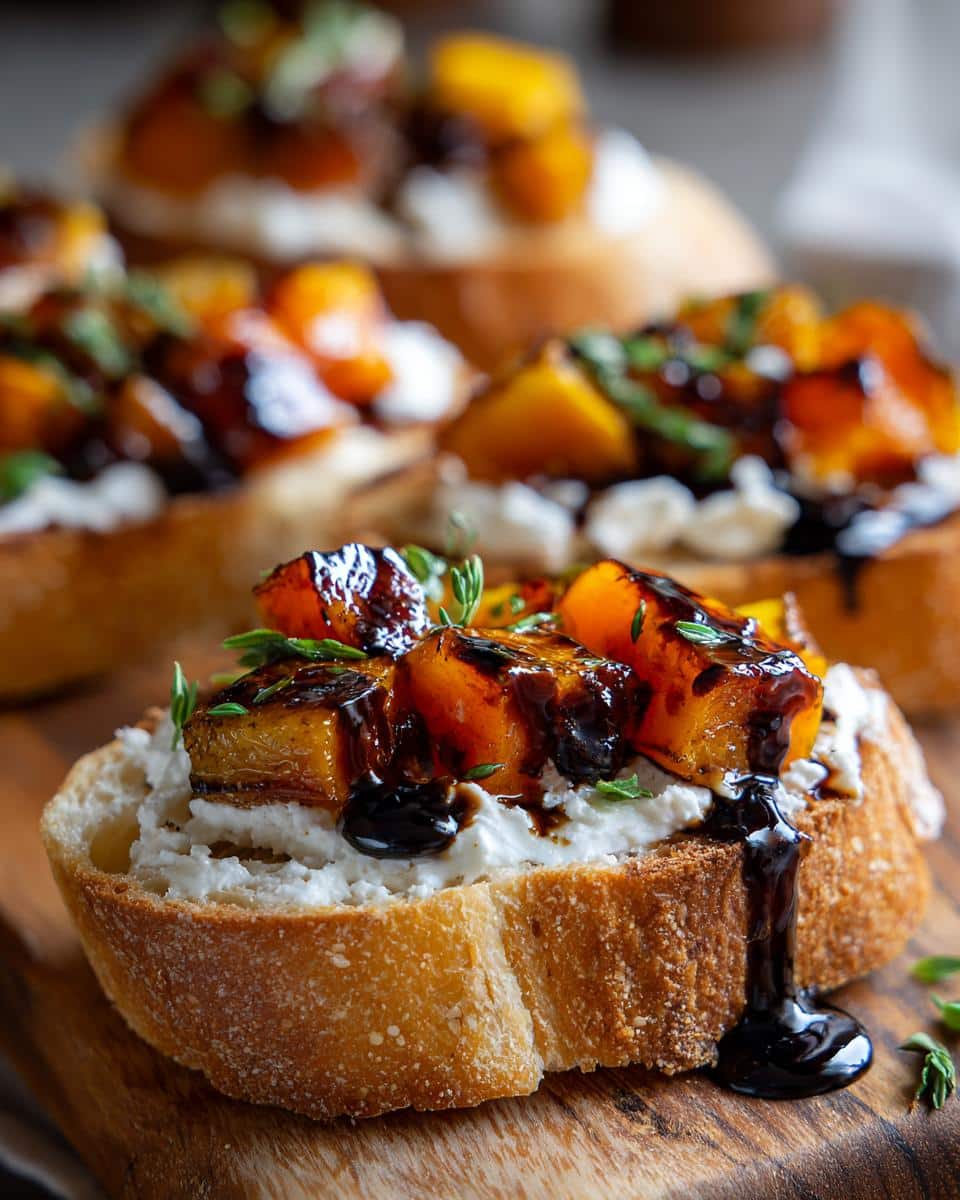 Close-up of a vegan butternut squash crostini topped with creamy vegan cheese and balsamic glaze.
