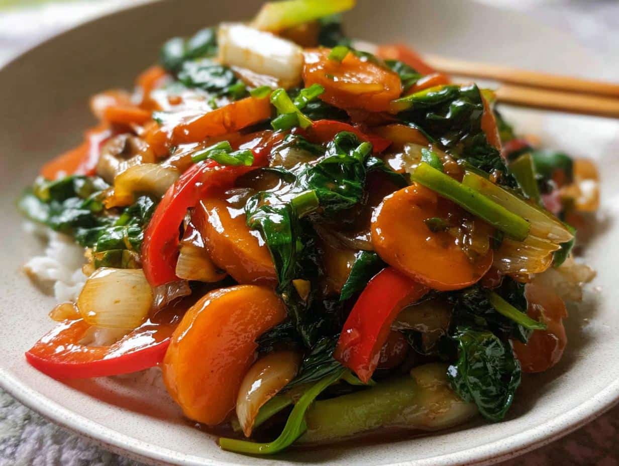 A close-up of a vibrant Vegetable Stir Fry with Light Sauce featuring carrots, red peppers, and spinach served over white rice.