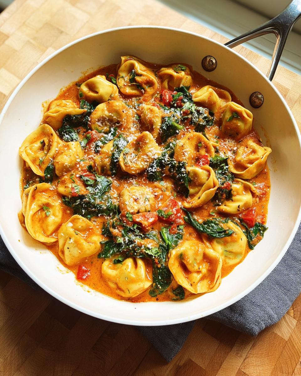 Close-up of Vegetarian Marry Me Tortellini with Spinach in a creamy tomato sauce, topped with Parmesan.