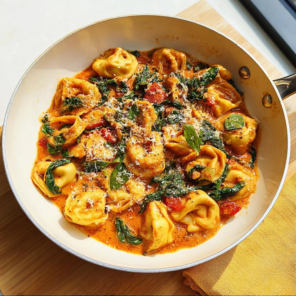 A skillet filled with Vegetarian Marry Me Tortellini with Spinach in a creamy tomato sauce, topped with grated Parmesan cheese.