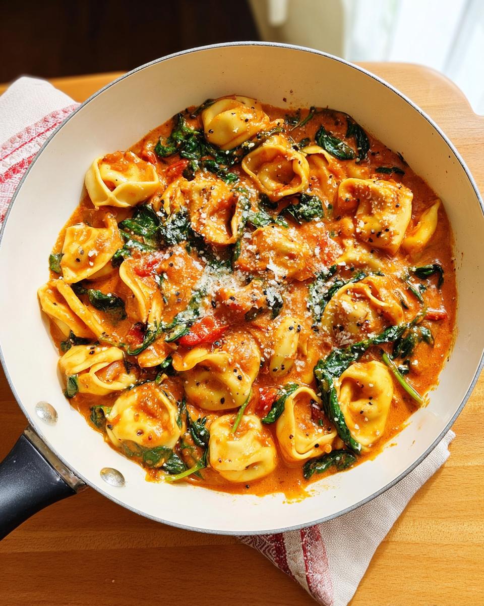 Close-up of Vegetarian Marry Me Tortellini with Spinach in a creamy tomato sauce, topped with grated cheese.
