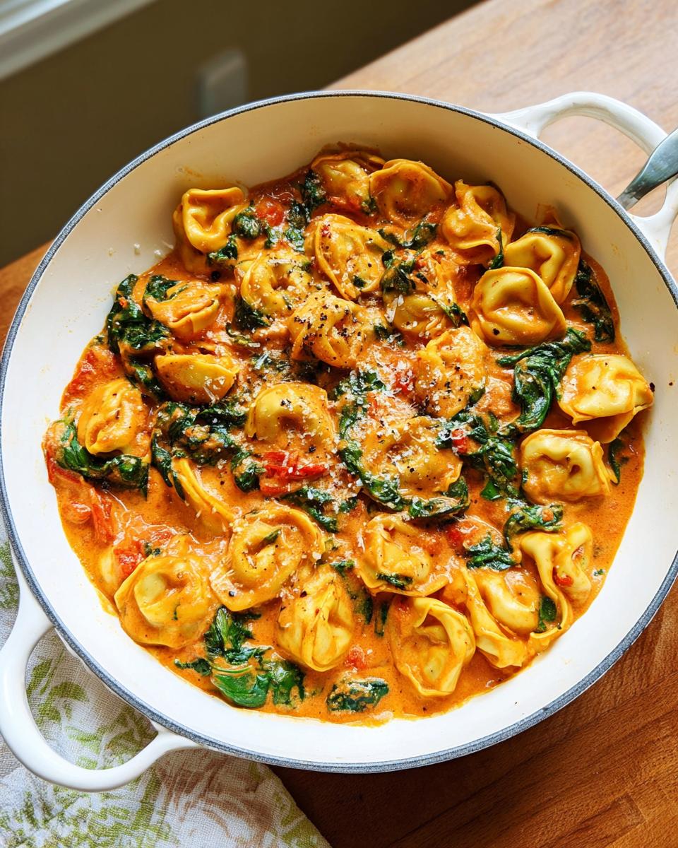Close-up of Vegetarian Marry Me Tortellini with Spinach in a creamy tomato sauce, topped with cheese.