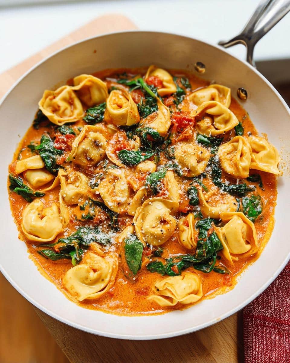 Close-up of Vegetarian Marry Me Tortellini with Spinach coated in a creamy tomato sauce, topped with Parmesan.