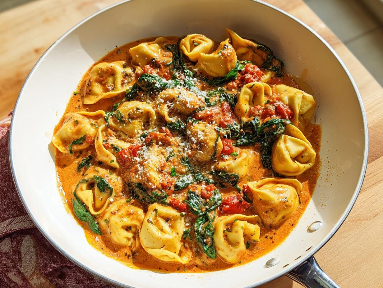 Close-up of Vegetarian Marry Me Tortellini with Spinach in a creamy tomato sauce in a white skillet.