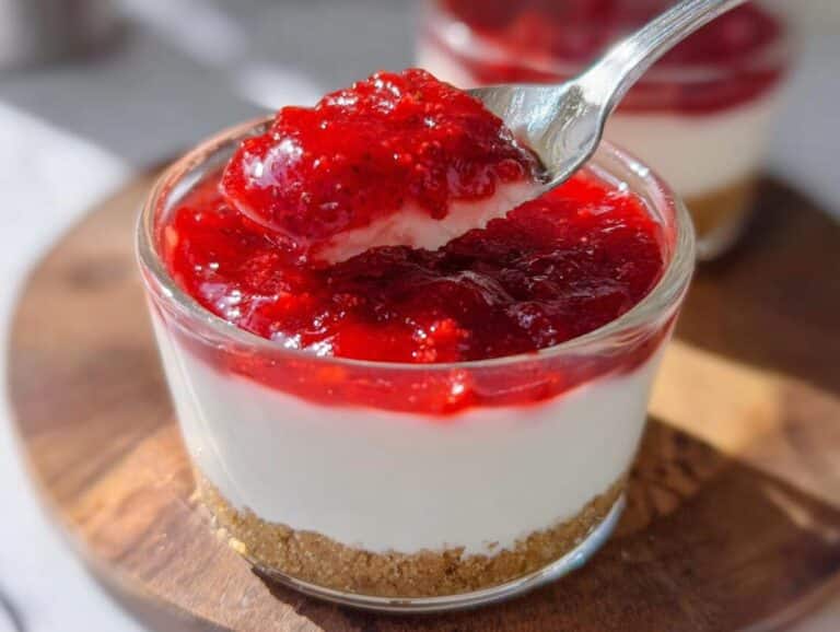 A spoonful of strawberry topping is lifted from a glass containing Weight Loss Cheesecake Cups with a graham cracker crust.