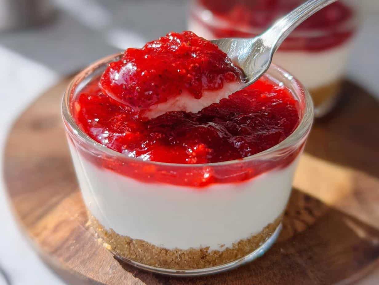 A spoonful of strawberry topping is lifted from a glass containing Weight Loss Cheesecake Cups with a graham cracker crust.