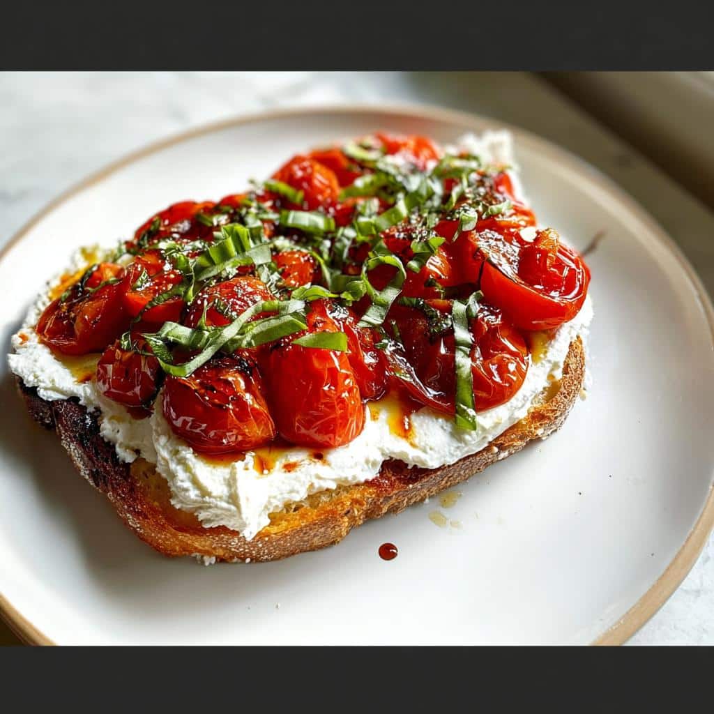 Close-up of Whipped Cottage Cheese Toast topped with roasted cherry tomatoes and fresh basil.