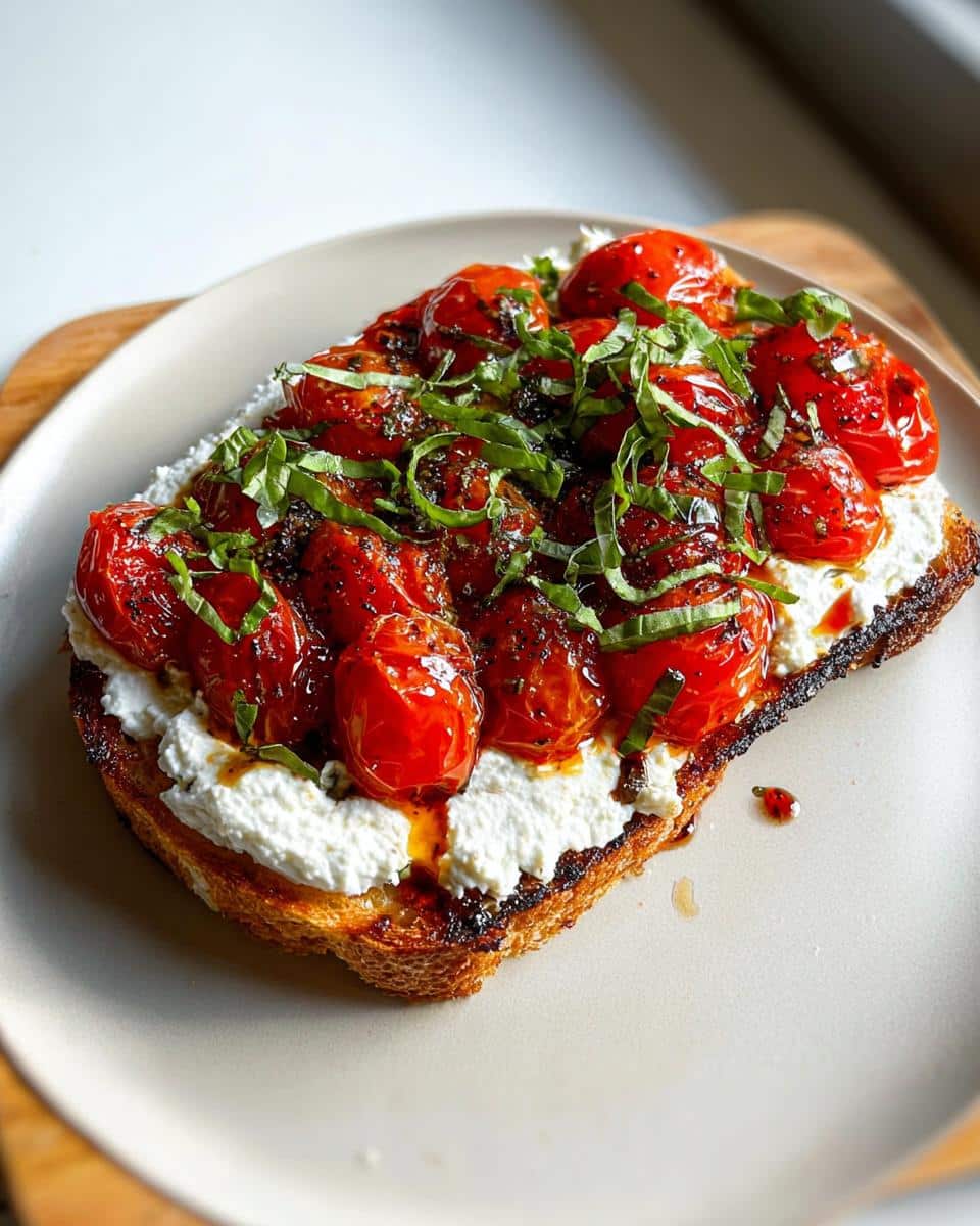 A slice of toasted bread topped with whipped cottage cheese, roasted cherry tomatoes, and fresh basil for Whipped Cottage Cheese Toast.