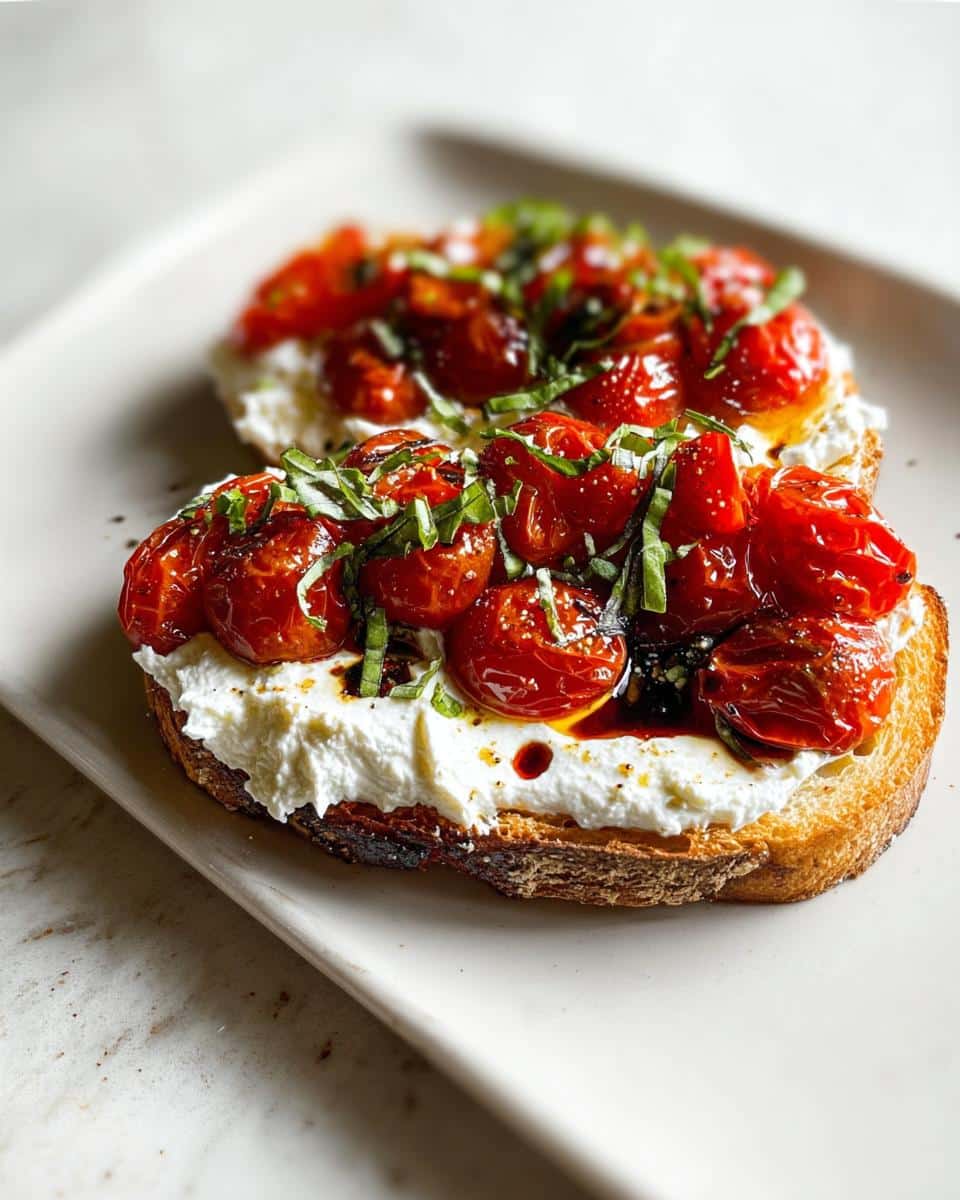Two slices of Whipped Cottage Cheese Toast topped with roasted cherry tomatoes and fresh basil.