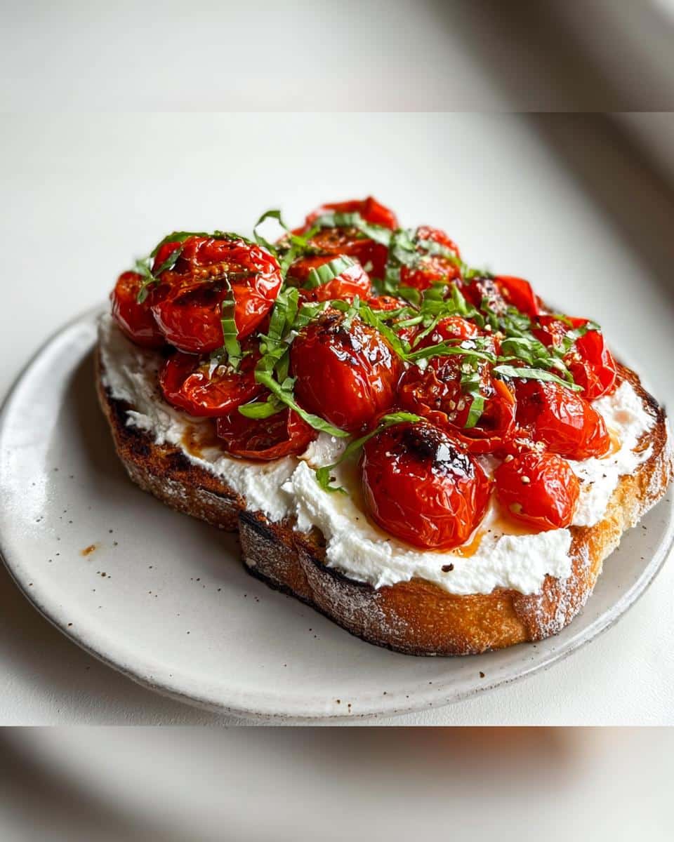A slice of toasted bread topped with whipped cottage cheese, roasted cherry tomatoes, and fresh basil for Whipped Cottage Cheese Toast.