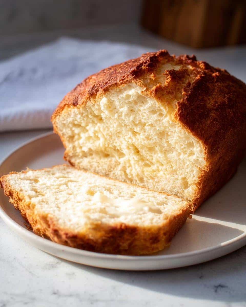 A loaf of soft Yogurt Bread Without Yeast, sliced, showing a fluffy interior and golden crust, served on a plate.