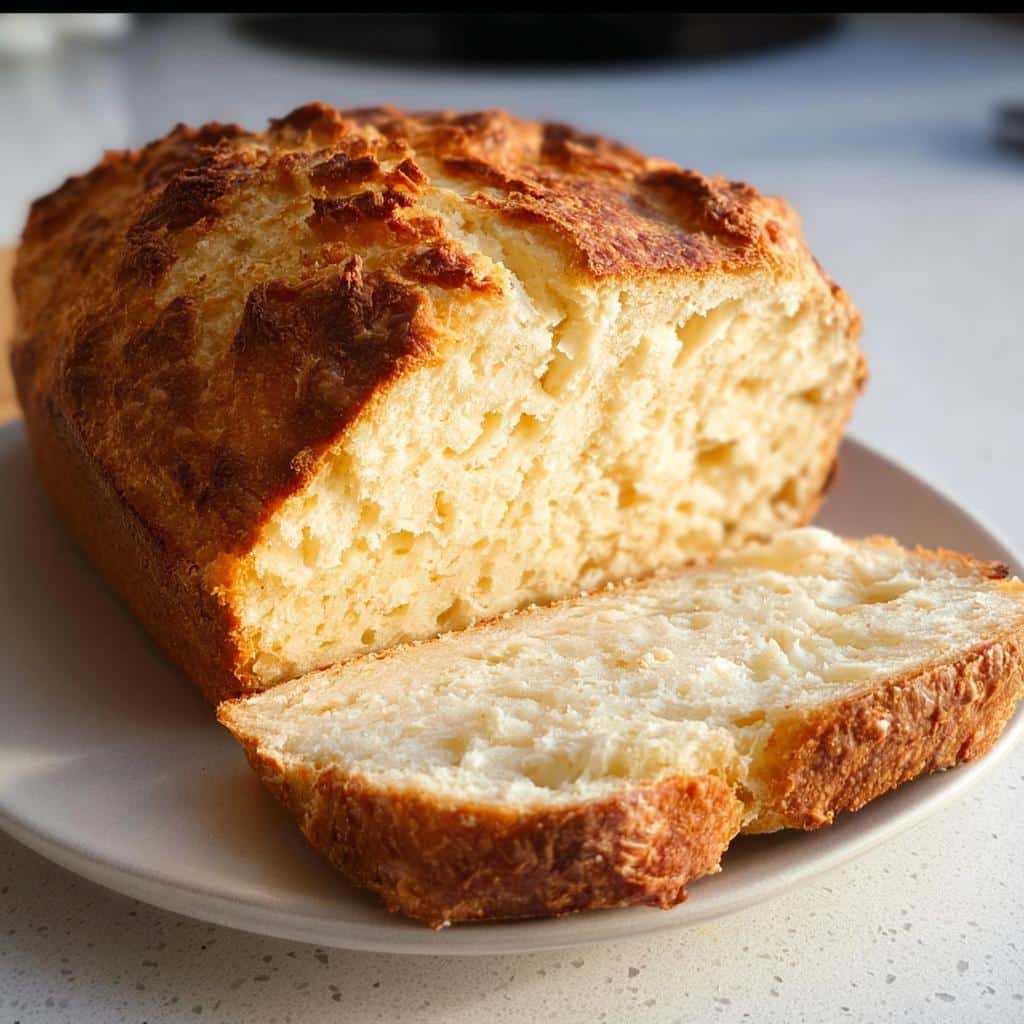 A golden-crusted loaf of Yogurt Bread Without Yeast, with one thick slice cut and resting beside it on a white plate.