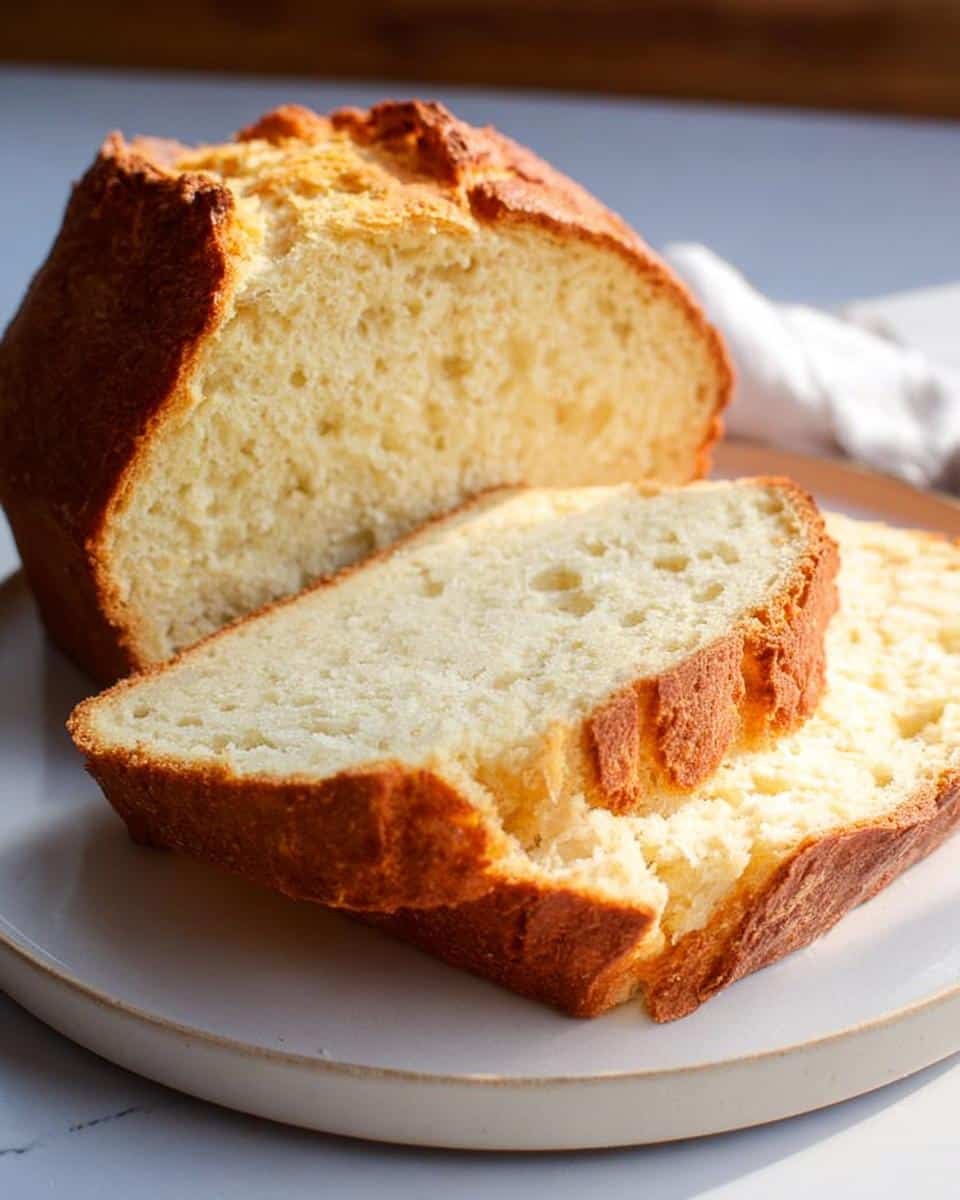 Close-up of a loaf of golden-crusted Yogurt Bread Without Yeast, with two thick slices cut and resting on a light plate.