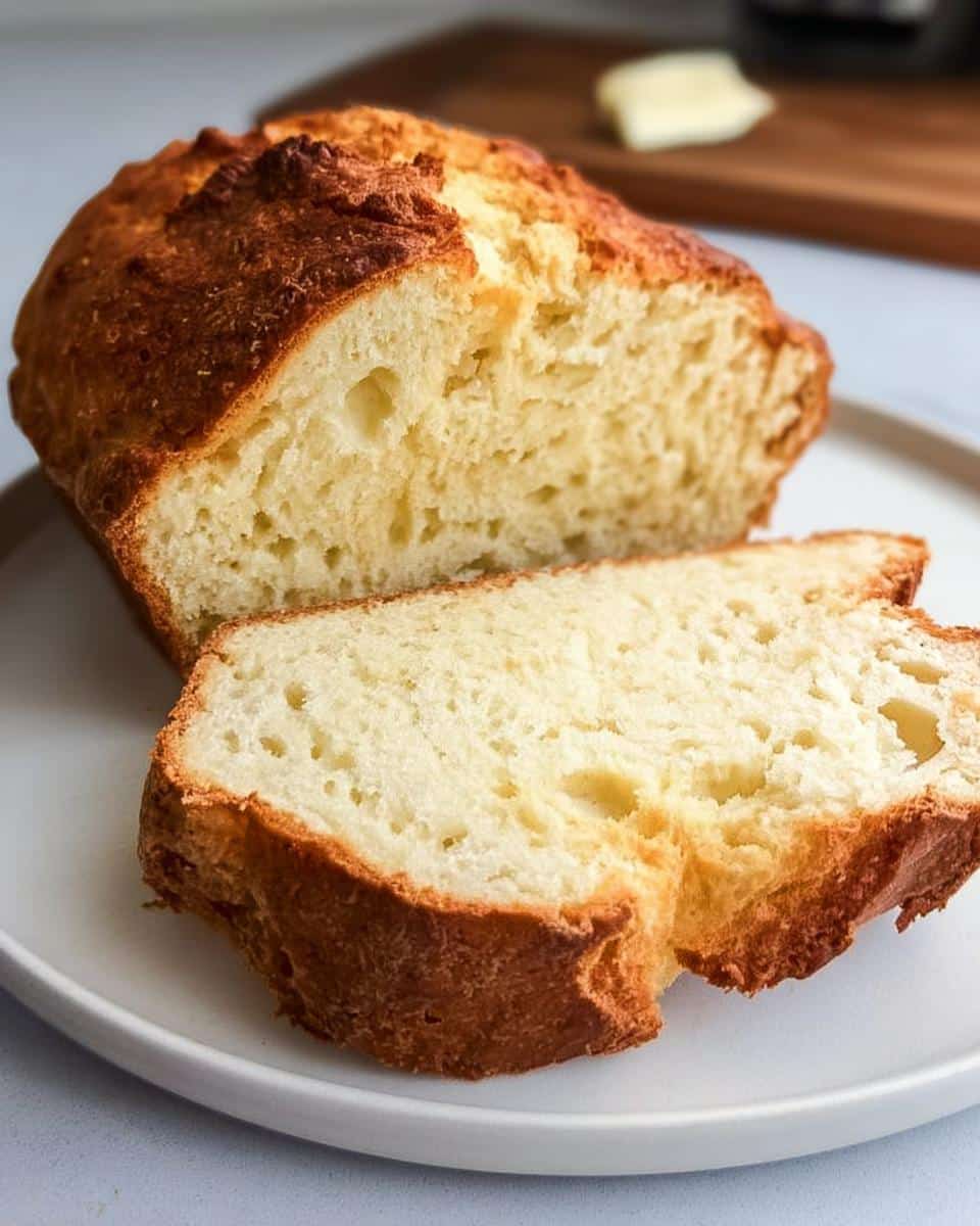 Close-up of a loaf of soft Yogurt Bread Without Yeast, sliced to show the fluffy interior and golden crust.