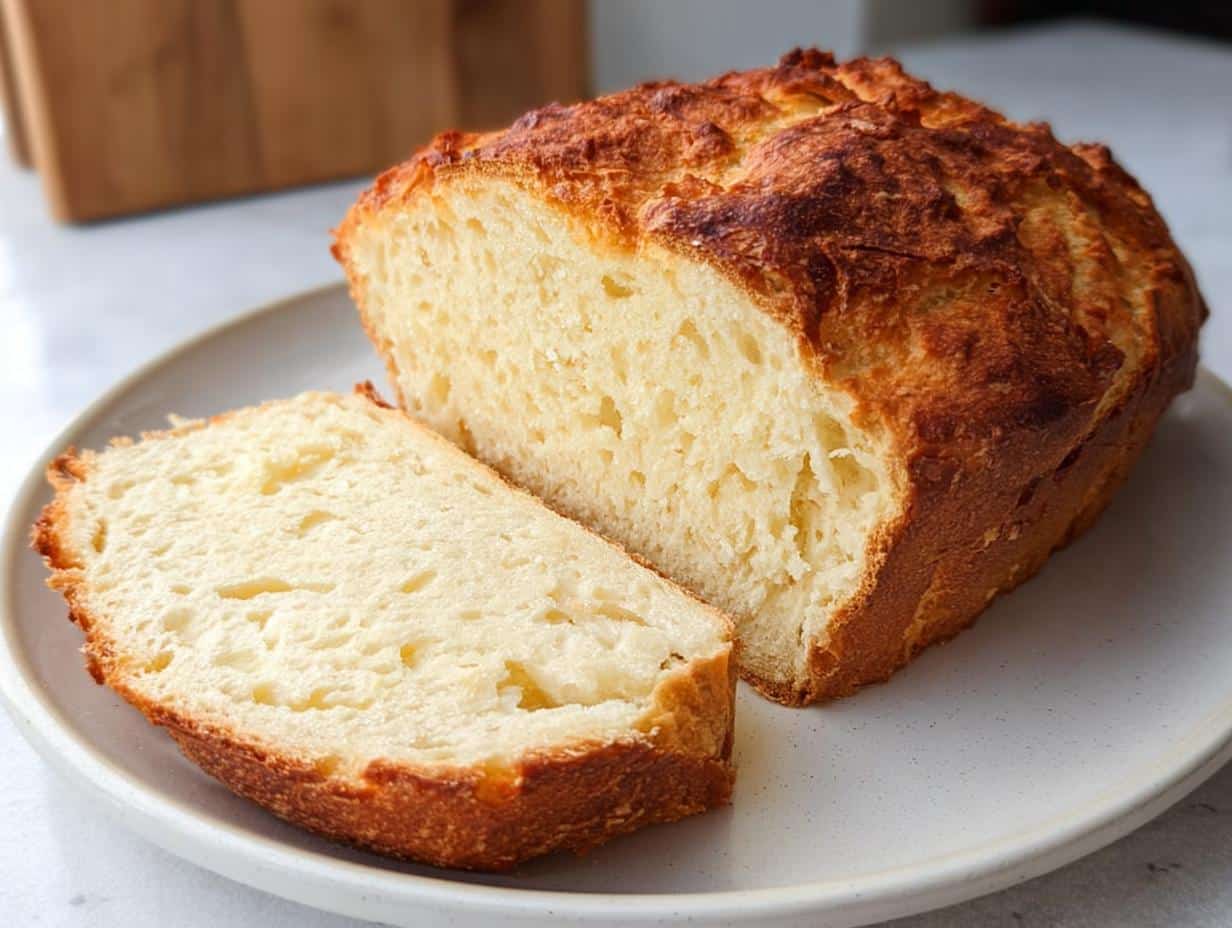 A loaf of golden-brown Yogurt Bread Without Yeast, sliced open to show the soft, white interior on a light plate.