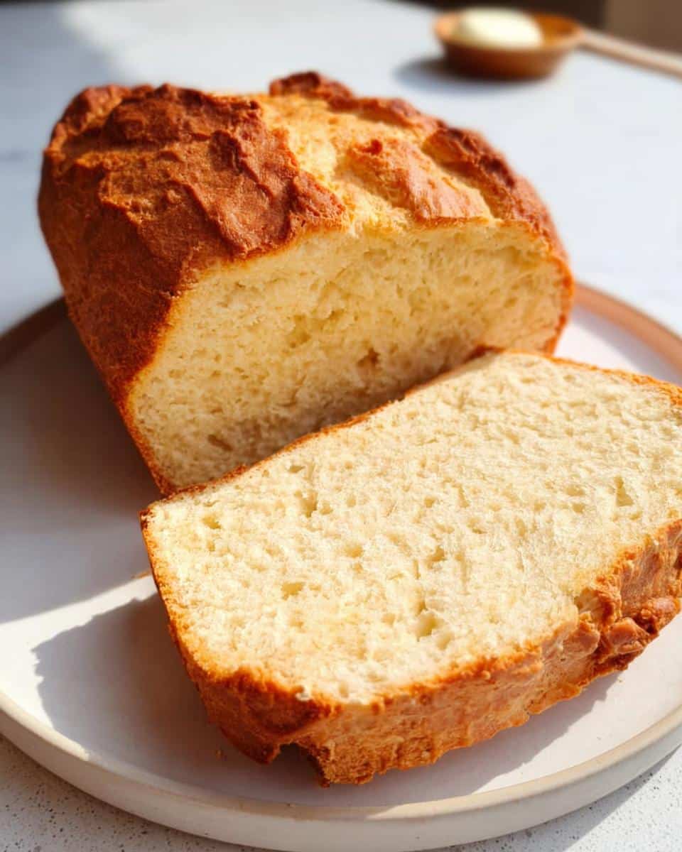 A loaf of golden-brown Yogurt Bread Without Yeast, sliced open to show the soft interior.