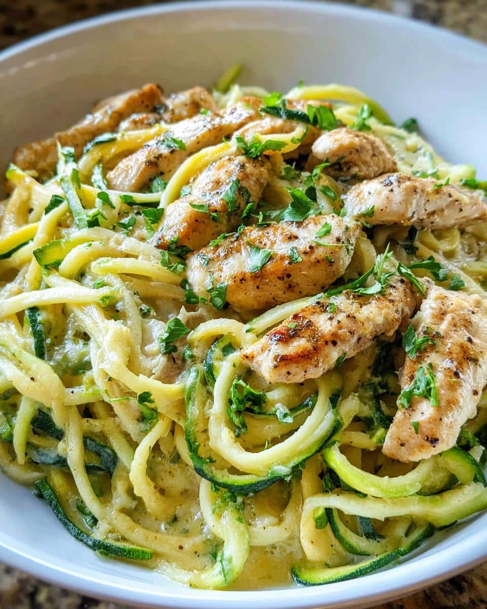 Close-up of Zucchini Noodle Chicken Alfredo topped with seared chicken pieces and fresh parsley.