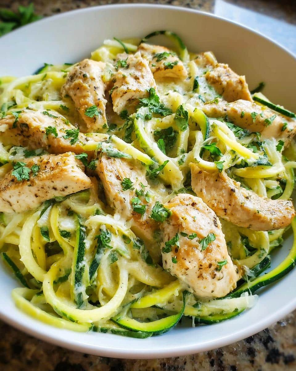 Close-up of Zucchini Noodle Chicken Alfredo topped with seasoned chicken pieces and fresh parsley.