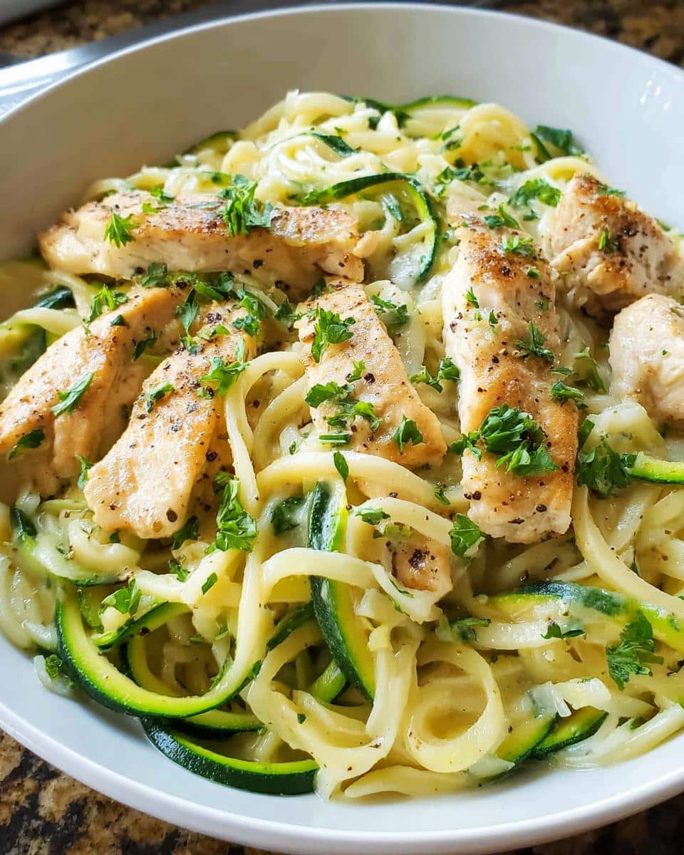 A close-up of Zucchini Noodle Chicken Alfredo featuring spiralized zucchini noodles, creamy sauce, and sliced seasoned chicken breast.