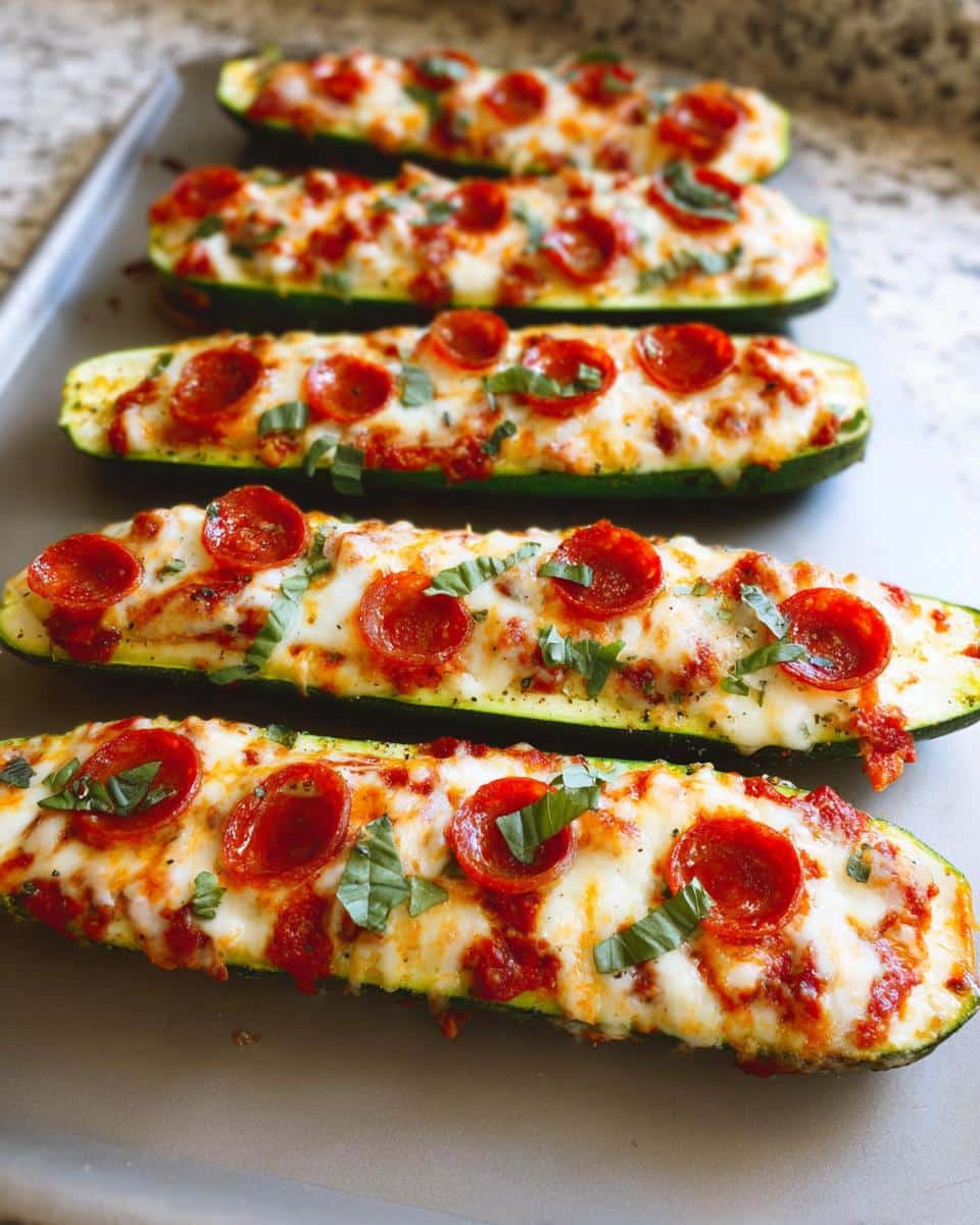 Four baked Zucchini Pizza Boats topped with melted mozzarella, pepperoni, and fresh basil on a baking sheet.