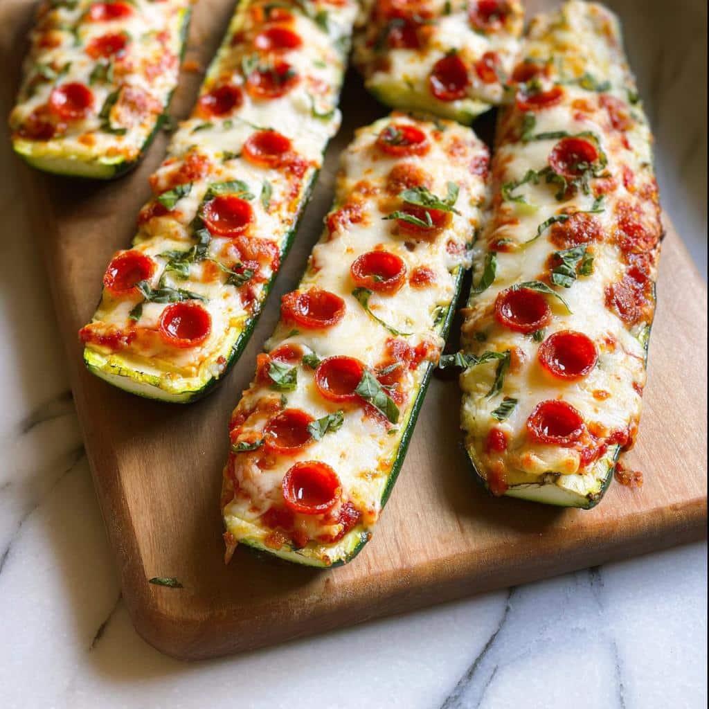 Several baked Zucchini Pizza Boats topped with melted cheese, pepperoni slices, and fresh basil on a wooden board.
