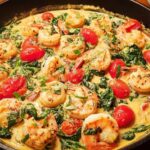 Close-up of vibrant Tuscan Shrimp Skillet featuring plump shrimp, cherry tomatoes, and spinach in a rich, creamy sauce.