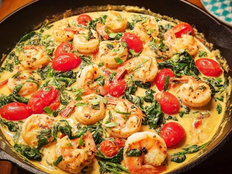 Close-up of vibrant Tuscan Shrimp Skillet featuring plump shrimp, cherry tomatoes, and spinach in a rich, creamy sauce.