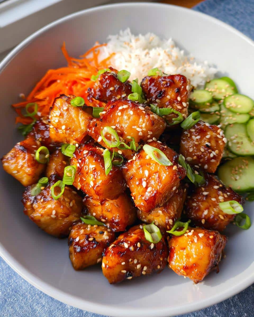 Close-up of glazed, sesame-topped bites served over rice with shredded carrots and cucumber slices, resembling Air Fryer Gluten Free Salmon Bites.