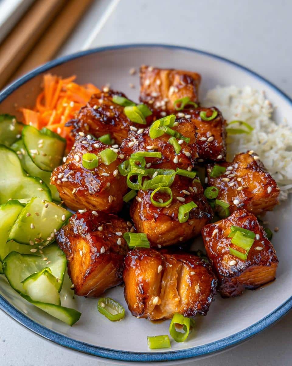 Close-up of glazed Air Fryer Gluten Free Salmon Bites served in a bowl with rice and cucumber.