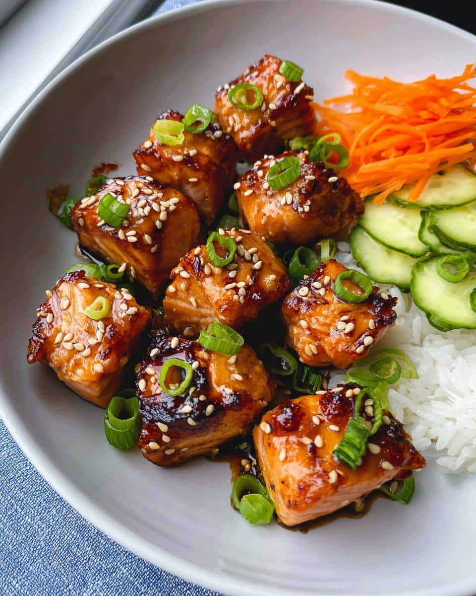 Close-up of glazed Air Fryer Gluten Free Salmon Bites served over rice with cucumber and carrots.