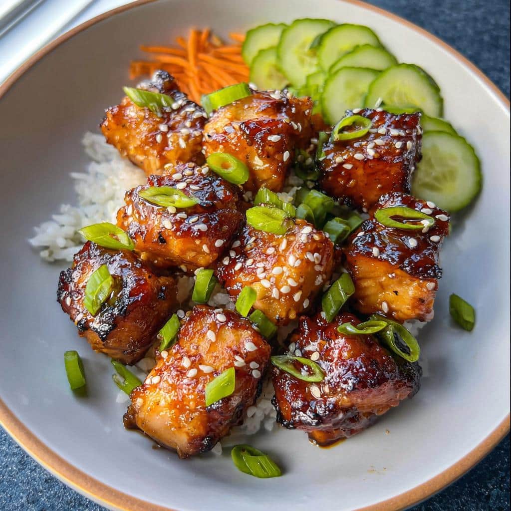 Close-up of glazed Air Fryer Gluten Free Salmon Bites served over rice with cucumbers and green onions.