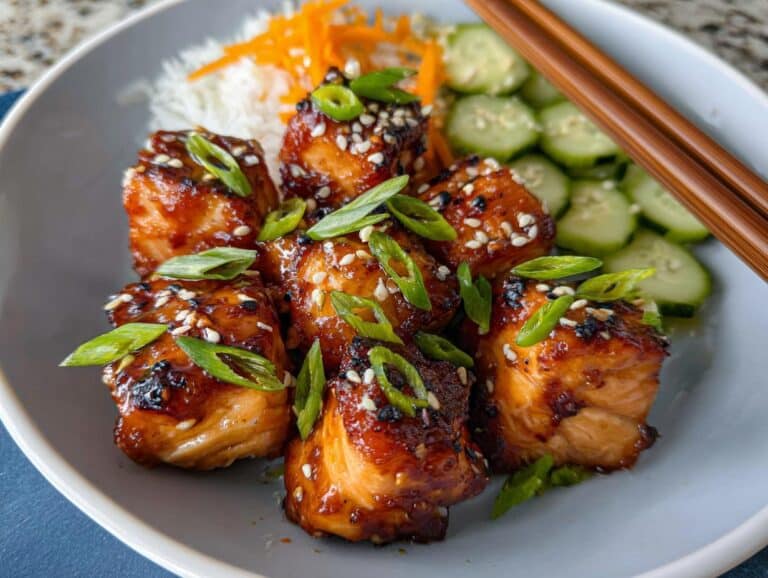 Close-up of glazed Air Fryer Gluten Free Salmon Bites topped with sesame seeds and green onions, served with rice and cucumbers.