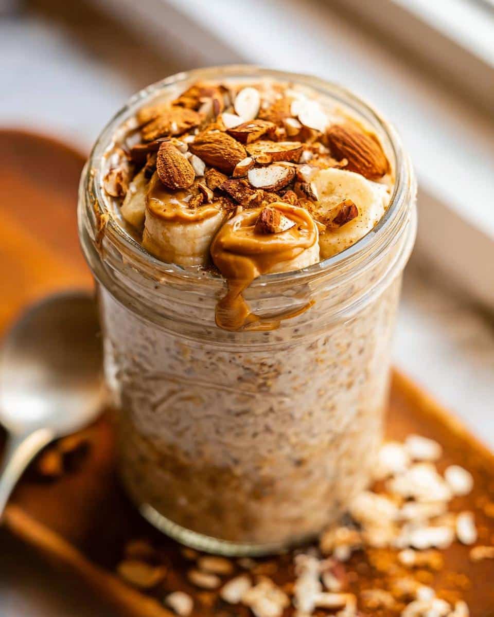 Close-up of Almond Butter Overnight Oats in a jar, topped with banana slices, almond butter drizzle, and chopped almonds.
